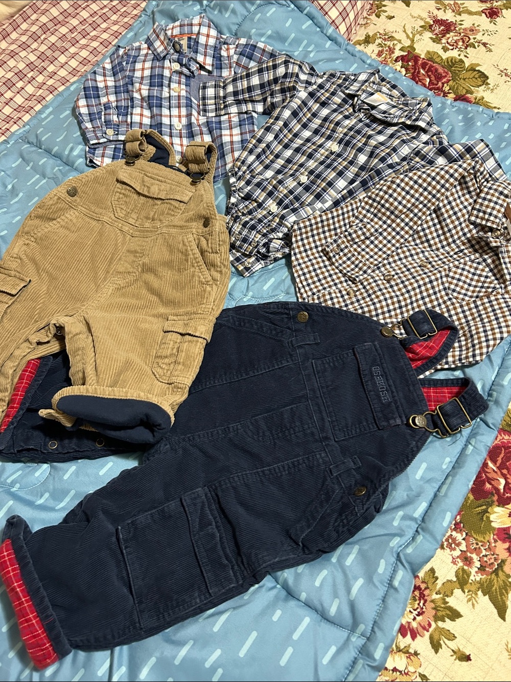 OshKosh B'gosh Navy Corduroy Overalls with Red Plaid Lining